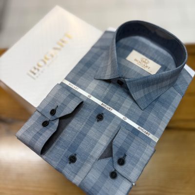پیراهن نخی طرح چهار خانه درشت ابی روشن